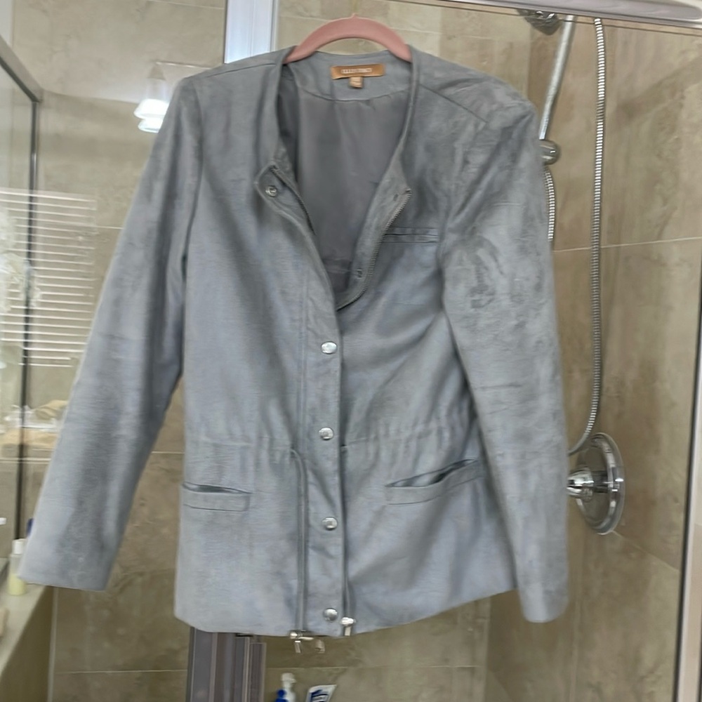 Ultra suede jacket.  Zipper and snap closure.  Drawstring waist